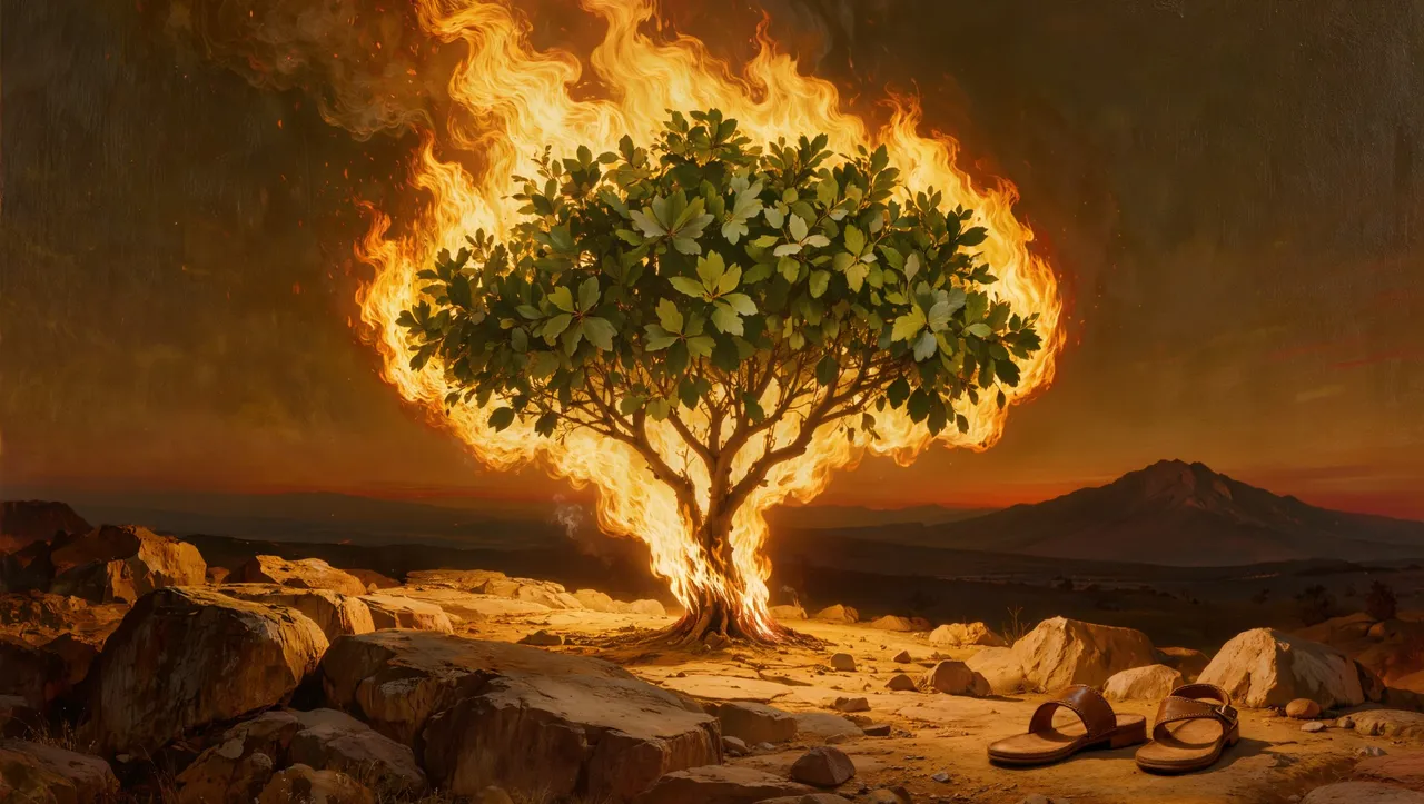 A green bush burning with fire yet not consumed, with sandals set aside on holy ground, illustrating Proverbs 9:10 (KJV): "The fear of the LORD is the beginning of wisdom."
