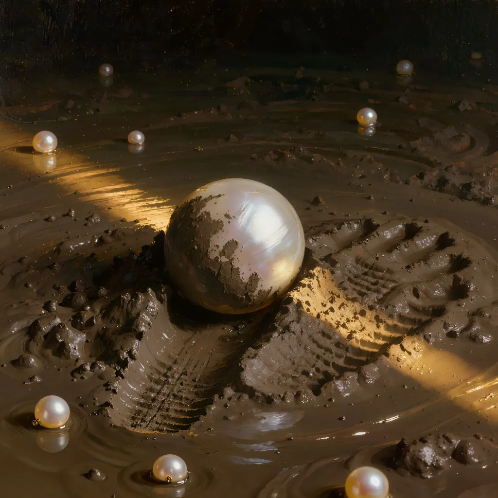 A white pearl trampled into the mud by hoofprints, with a beam of light still shining on it, illustrating Matthew 7:6 (KJV): "neither cast ye your pearls before swine."